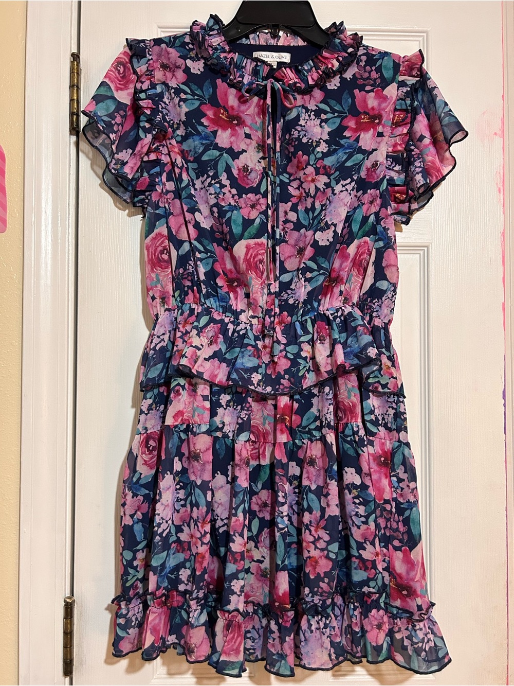 Hazel & Olive Navy Pink Floral Ruffle Mini Dress Chiffon Tiered Size L